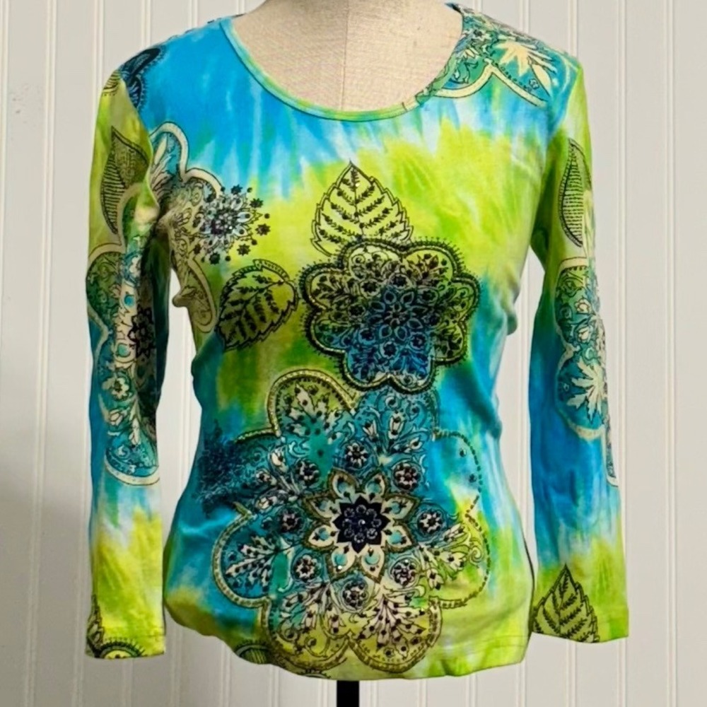 Temptation Y2K Tie Dye Mandala Top NWT Embellished Lime Green Blue 3/4 Sleeve